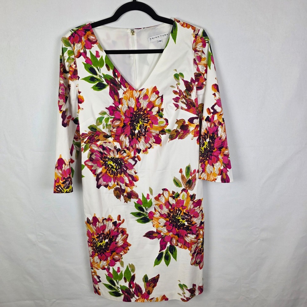 Trina Turk Floral Sheath Dress White‎ Pink Orange V-Neck Split Cuff Size 4